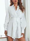 Urban Solid Color Bandage Lapel Collar Long Sleeves Mini Dress