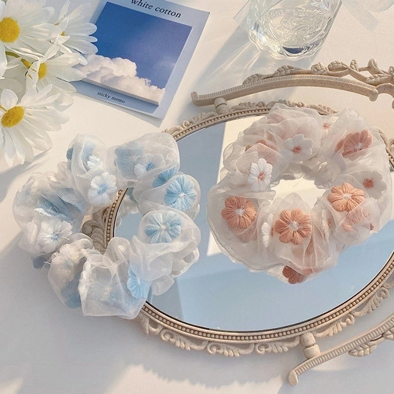 Korean Embroidered Flower Hair Ring Organza Large Bowel Mesh Headline Girl Mori Style Hair Accessories Sweet Hair Rope