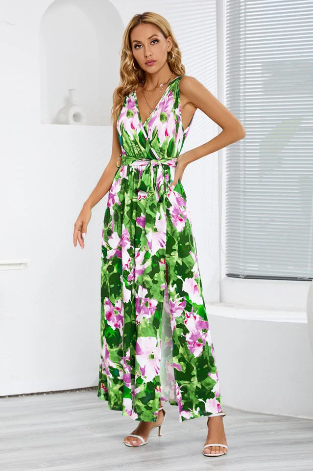 Printed Thigh-Slit Maxi Dress