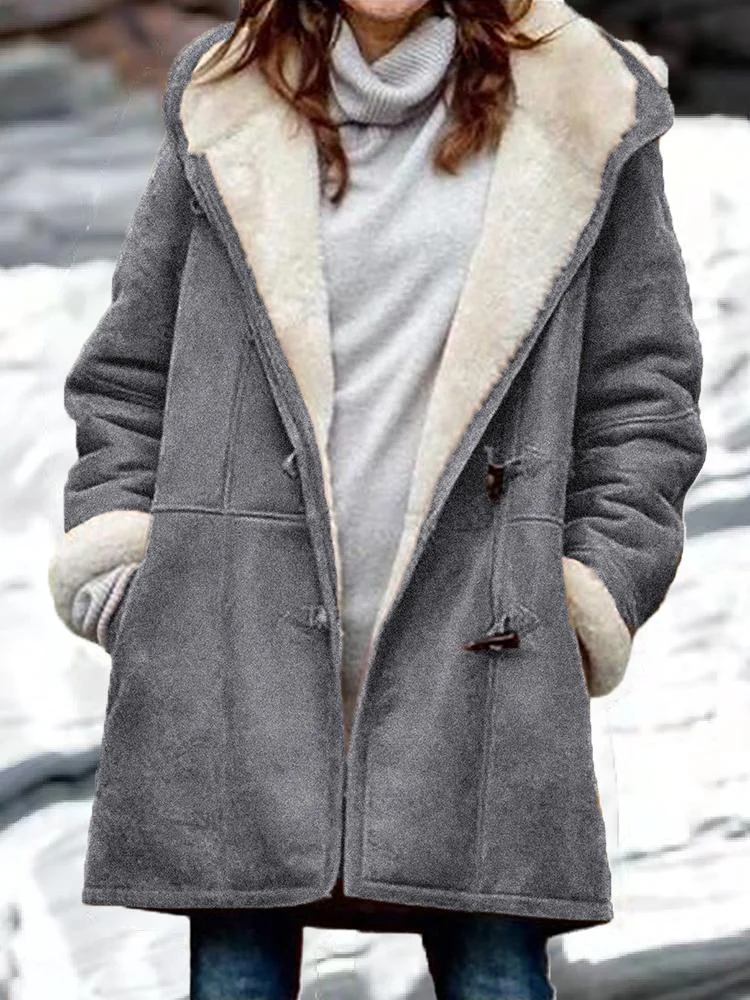 Plush Horn Button Pocket Hooded Long Sleeve Coat