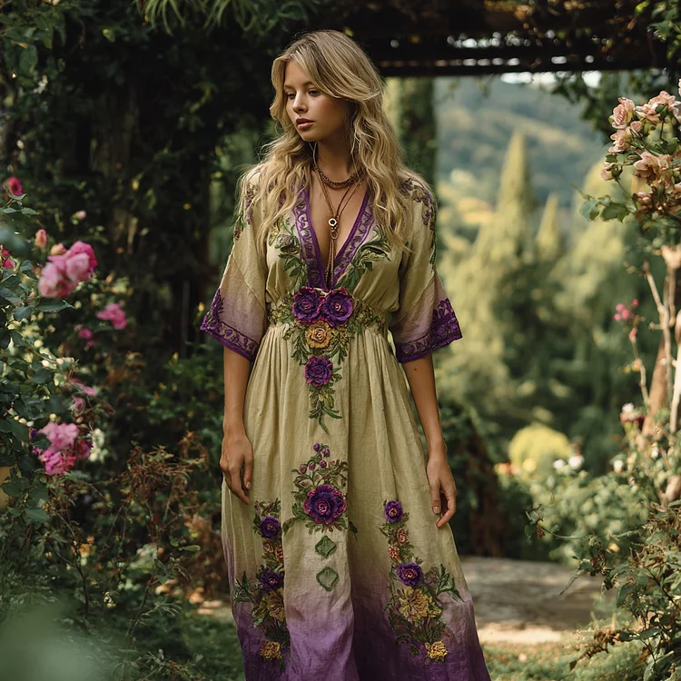 Vintage Gradient Purple Floral Embroidered V Neck Linen Blend Maxi Dress