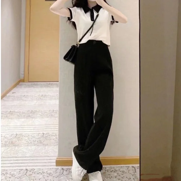 Women Sets Summer Simple Korean Style Turn-Down Collar Short Sleeve T-Shirt High Waist Wide Leg Button Fly Soft Trousers