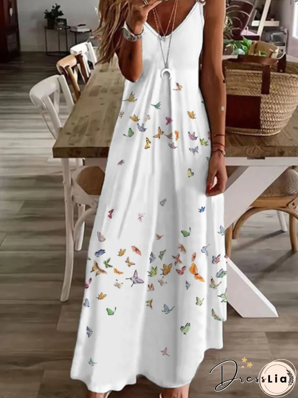 Casual Butterfly Sleeveless V Neck Plus Size Printed Dress