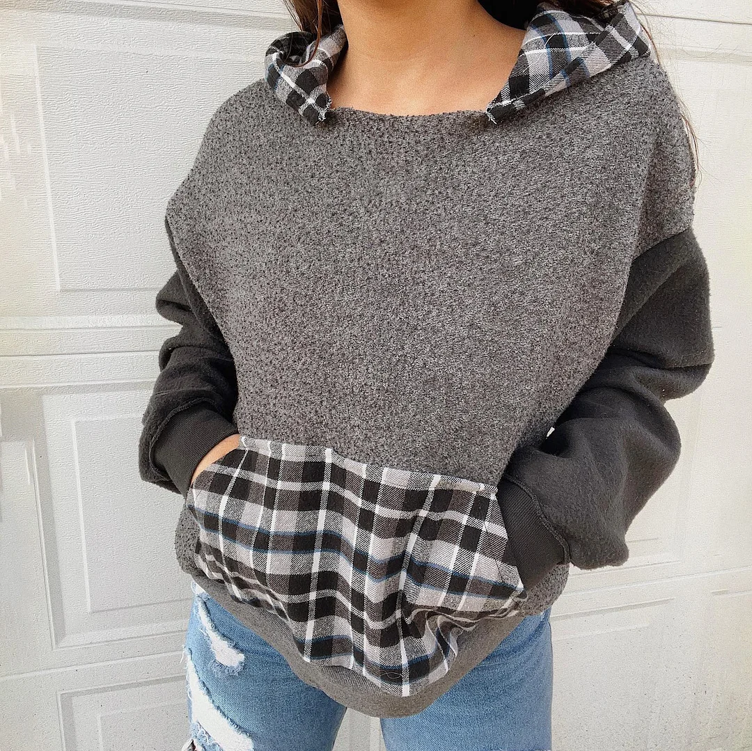 Women's Patchwork Plaid Hooded Sweatshirt / DarkAcademias /Darkacademias