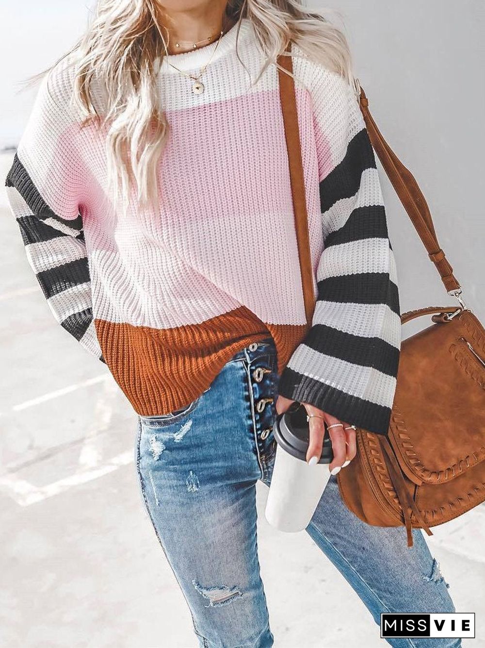 Women's Long Sleeve Scoop Neck Striped Stitching Loose Sweater Top