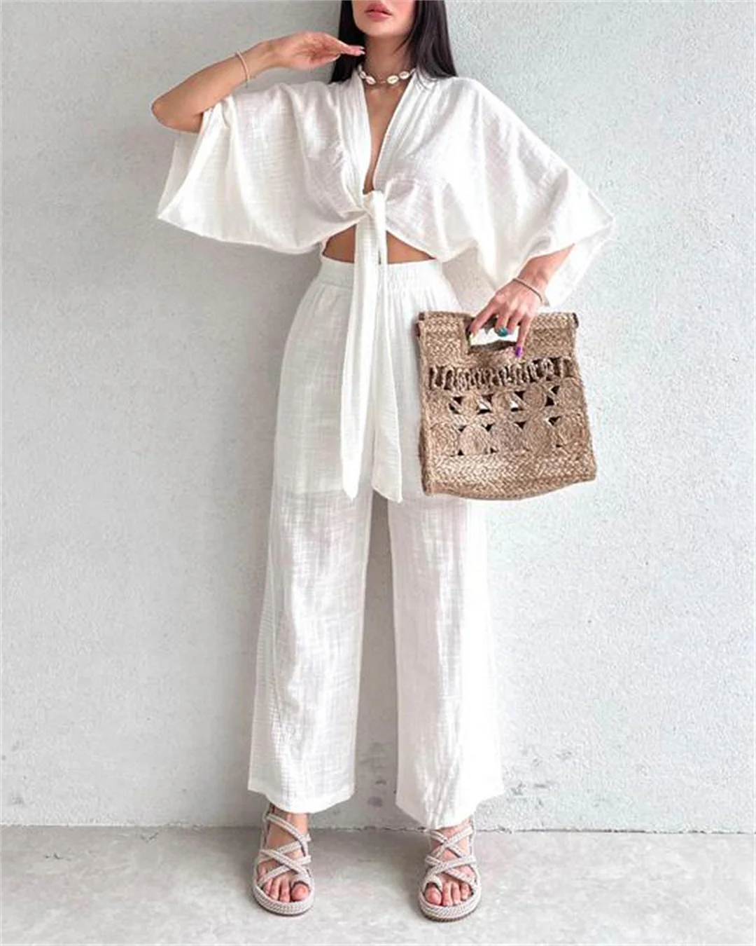 Women's Casual Solid Color Cotton And Linen Vacation Suit