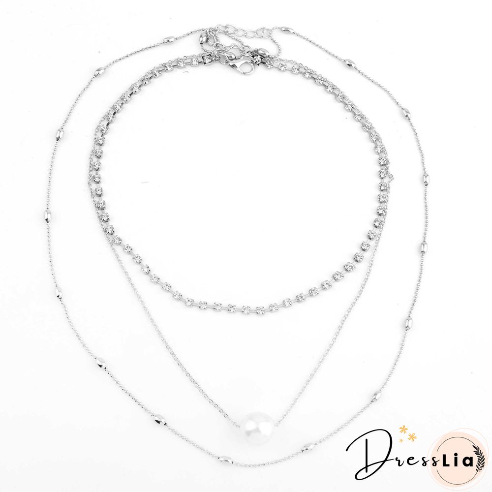 Silver Diamond Pendant Necklace Layered Long Necklace Pearl Choker