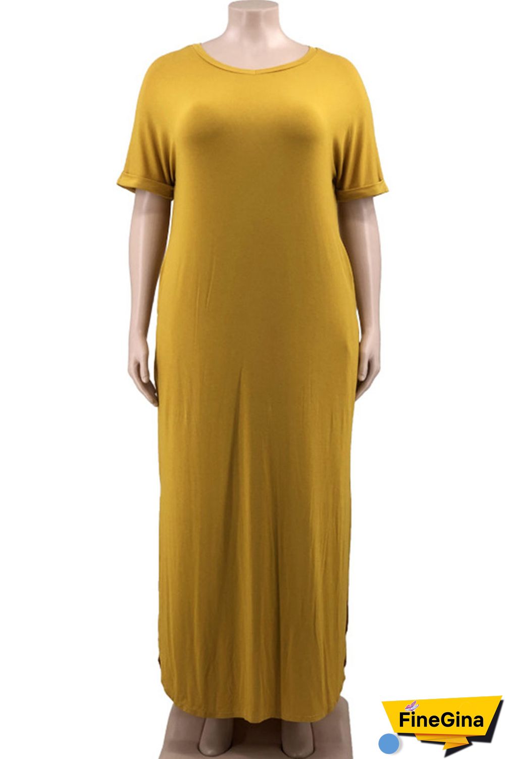 Yellow Casual Solid Patchwork Slit V Neck Straight Plus Size Dresses