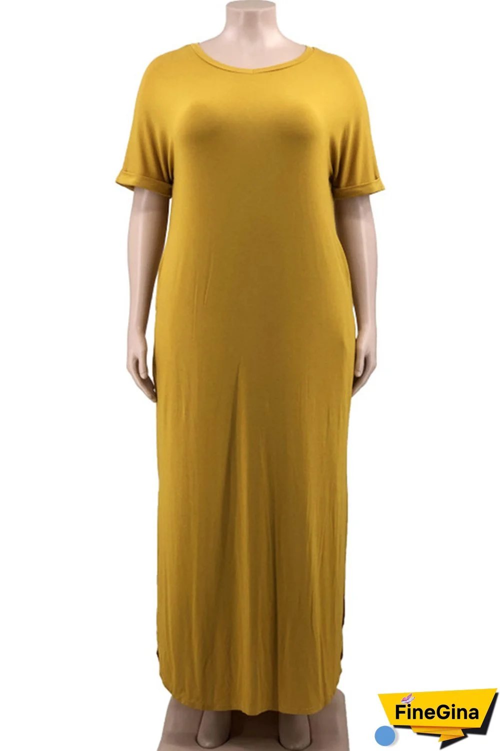 Yellow Casual Solid Patchwork Slit V Neck Straight Plus Size Dresses