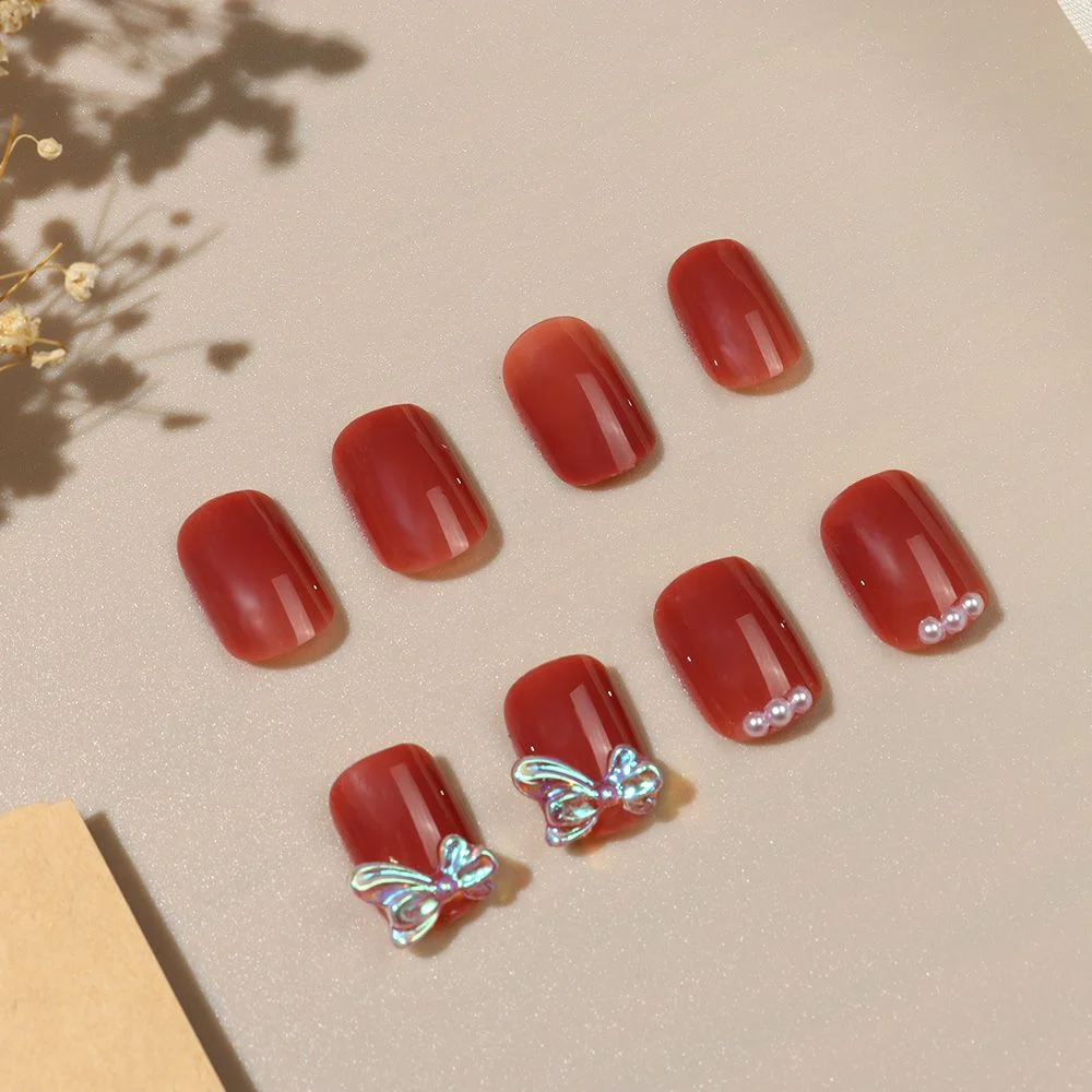 24Pcs Artificial False Nail Short Square Head False Nails Red Bow Decor False Nails With Designs Press On Nails Accessory