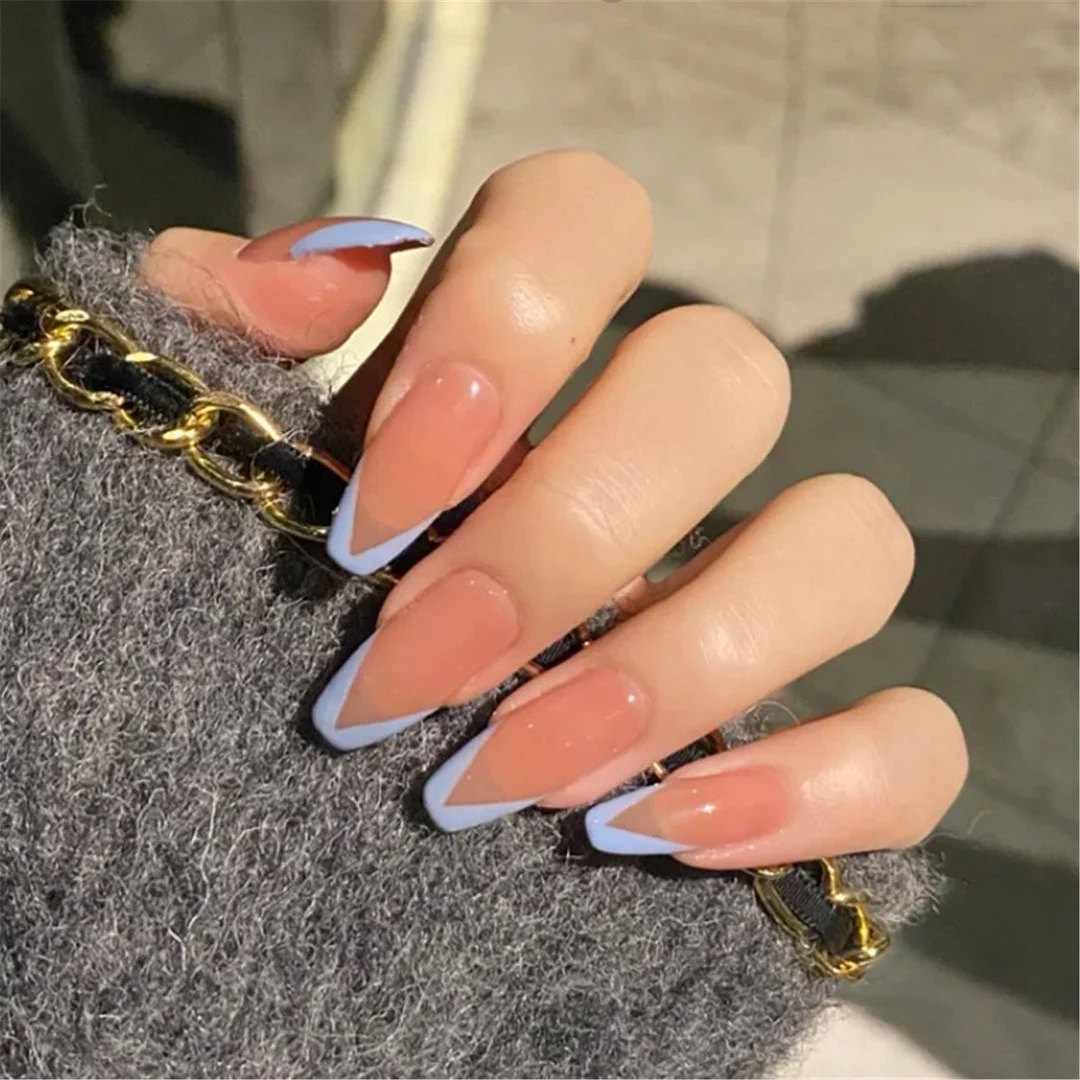False Nails 24pcs Blue Line French Manicure Art False Nails Women Lady Wearable Full Cover Jelly Color Press On Nail With GLue-Nail Inspo