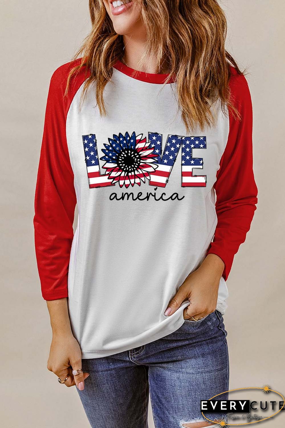 Red LOVE America Graphic Print Raglan Top