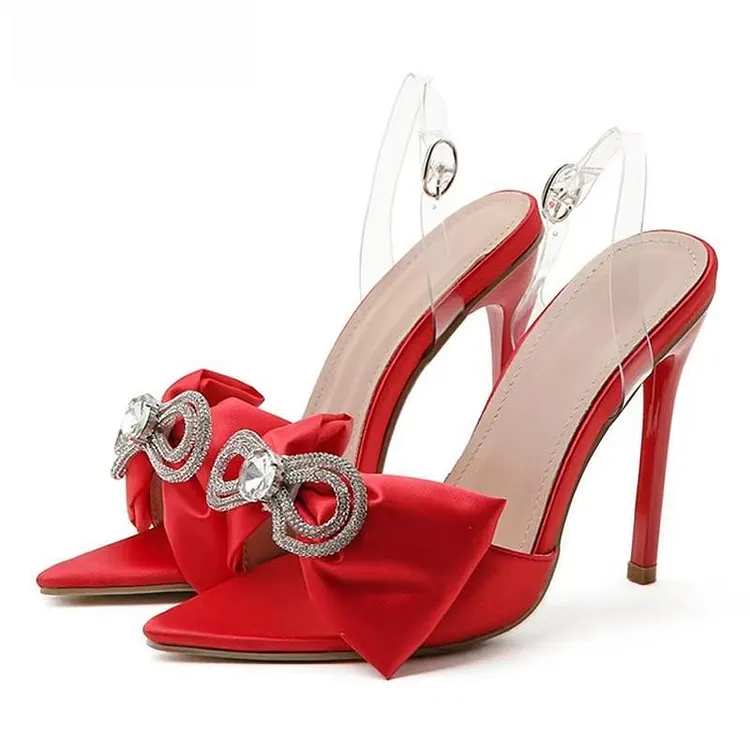 Silk Butterfly-knot Rhinestone Women Mule High Heels Slippers Sandals