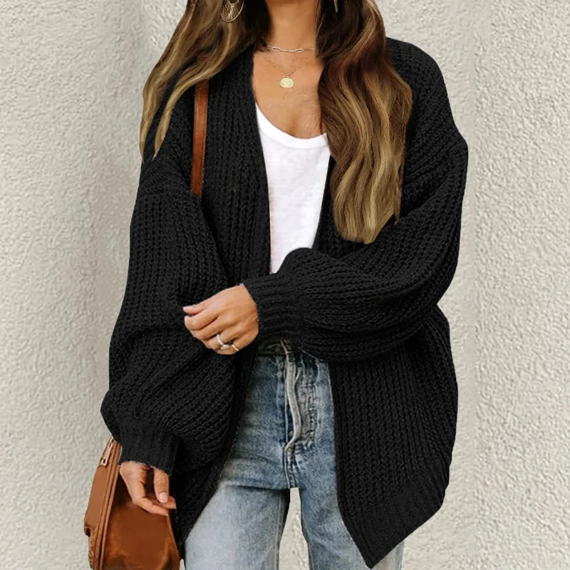 Lantern Sleeve Thick Pocket Knitted Sweater Cardigan