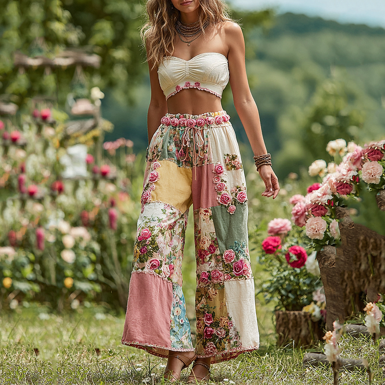 Women's Rose Floral Patchwork Waist Elastic Pocket Pants
