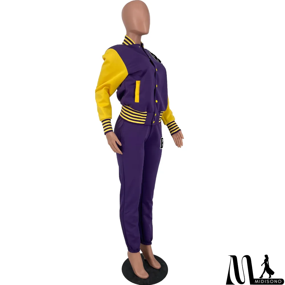MidiSono - Women Letter Baseball Jacket and Pant Two-Piece Set