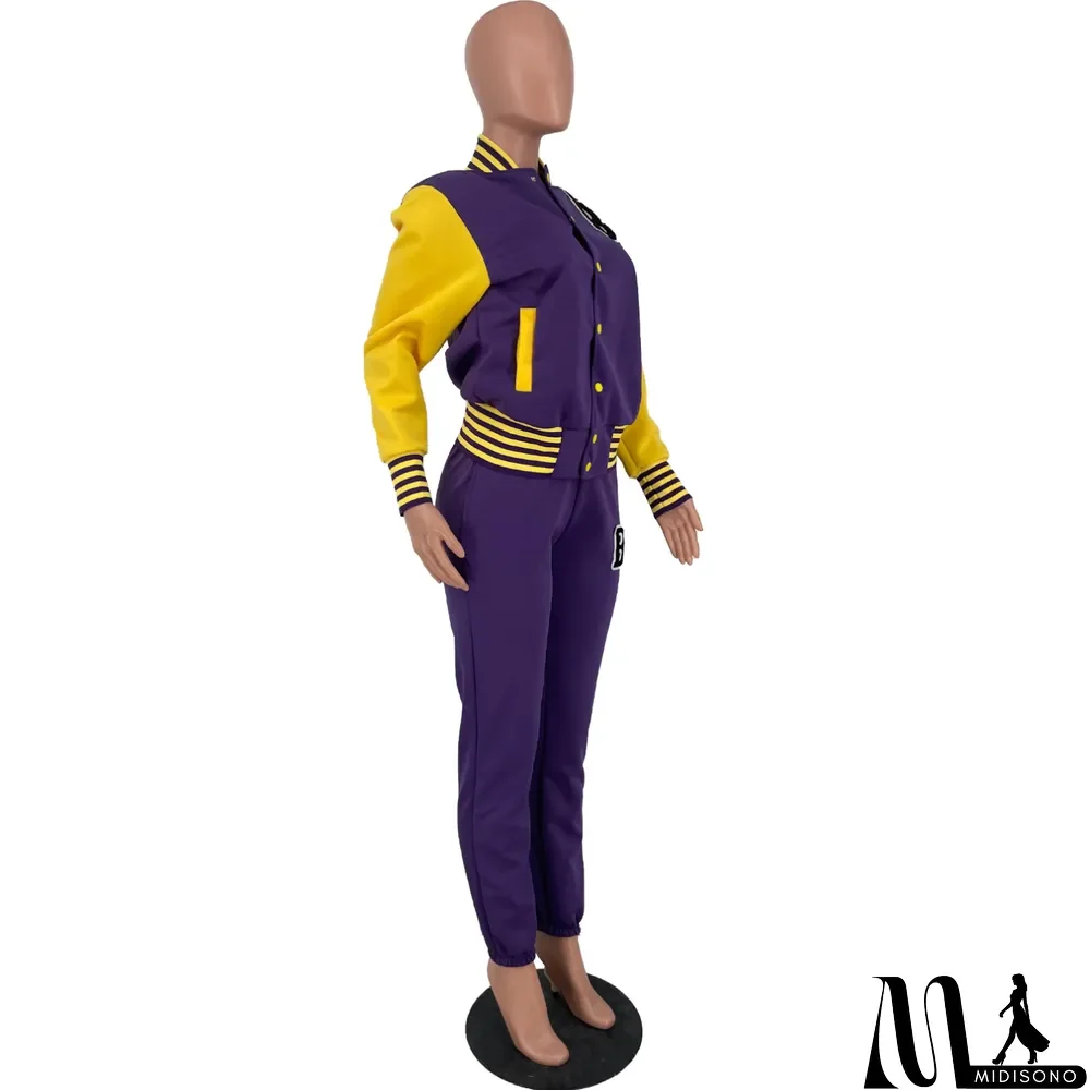 MidiSono - Women Letter Baseball Jacket and Pant Two-Piece Set