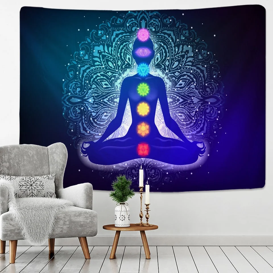 Indian Buddha Statue Meditation 7 Chakra Tapestry Wall Hanging Mandala Tapestries Wall Cloth Psychedelic Yoga Carpet Boho Decor