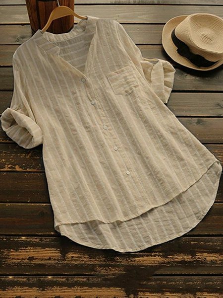 V neck  Shift Women Daily Cotton Casual Striped Casual Dress Zaesvini