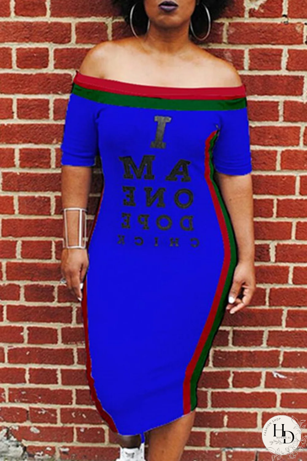 White Sexy Fashion Off The Shoulder Short Sleeves One word collar Step Skirt Mid-Calf Print Patchwork Pri