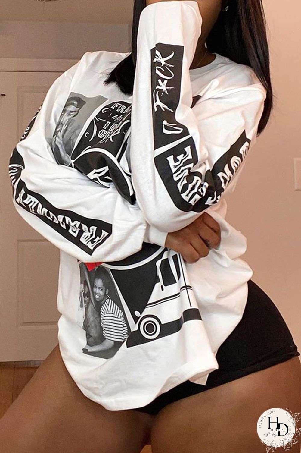 White Polyester O Neck Long Sleeve Print Tops