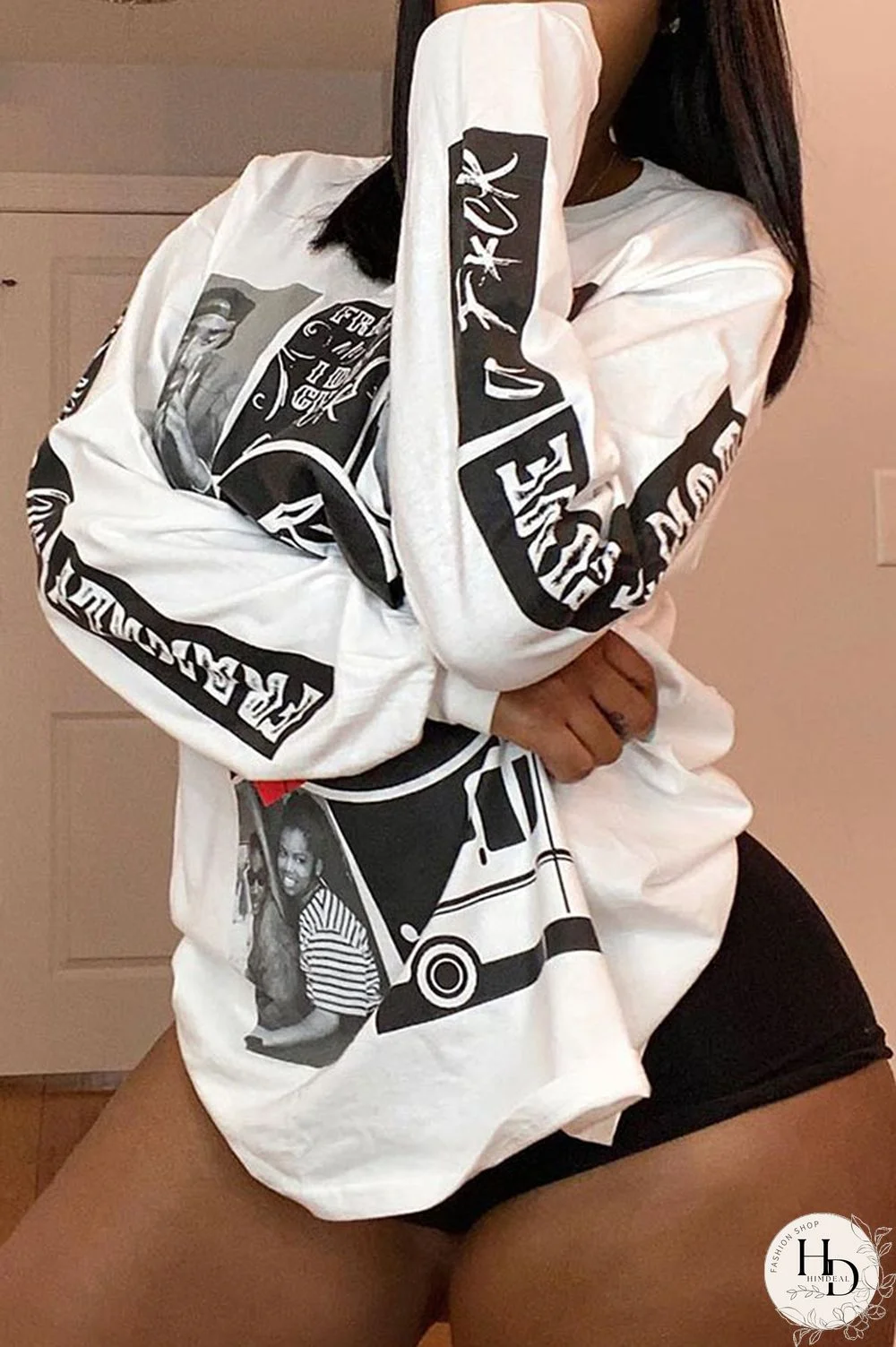 White Polyester O Neck Long Sleeve Print Tops