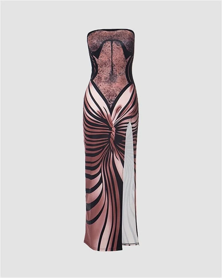 Brown Striped Print Strapless Dress