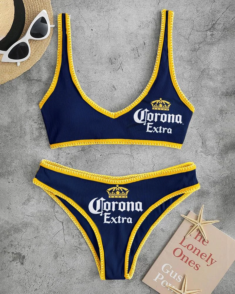 Women's Fashion Beach Sport Print Navy Blue and Yellow Bikini Suit