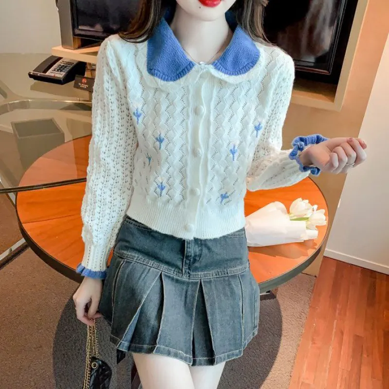 Churchf Churchf New Autumn With Long-Sleeved Sweater Versatile Show Thin Short Jacket Sweet Doll Collar Knit Cardigan Girl