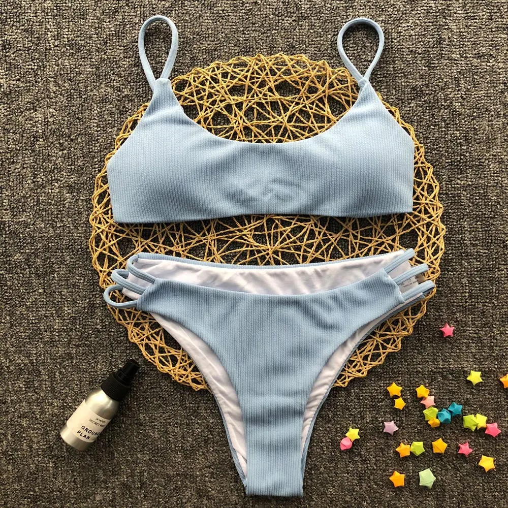 2020 Sexy Blue Mid Waist Bikini Women Swimwear Female Swimsuit Two-pieces Bikini set Push Up Bather Bathing Suit Swim