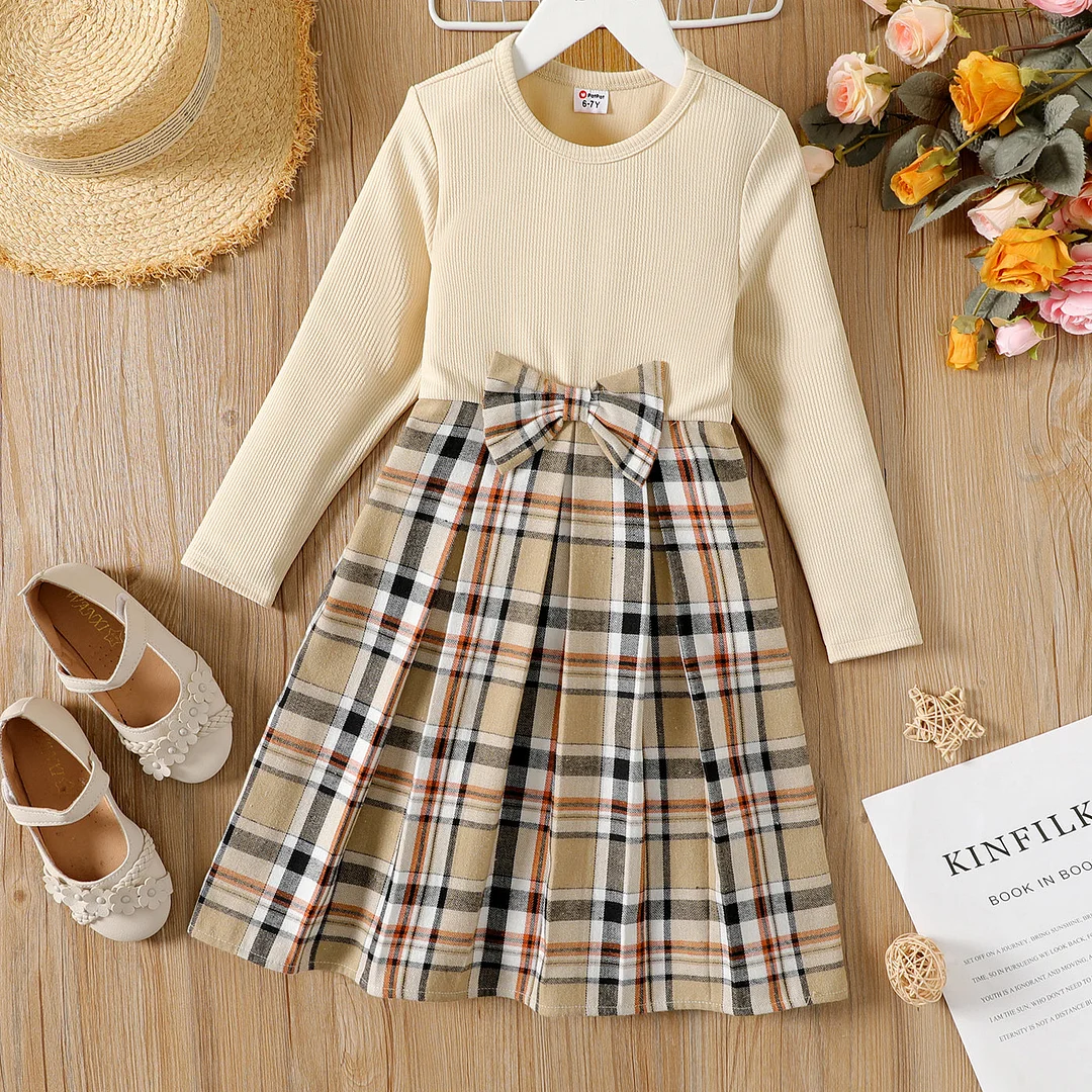 2pcs Baby Girl Letter Print Splicing Pink Plaid Mesh Long Puff Sleeve Dress Set