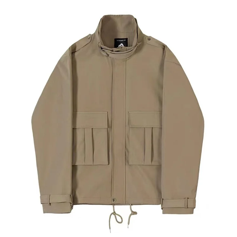 Aonga  Autumn Outfits   Streetwear Men's Jackets Vintage Patch Pockets Design Zipper Lapel Short Cargo Coats For Men Fashion Loose Long Sleeve Outerwear