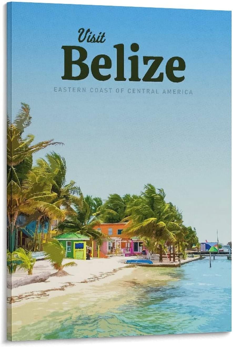 Belize American Vintage Travel Posters Coast Beach Coconut Tree Canvas Wall Art,Wall Decor Posters Prints Paintings Room Decor Home Decor for Livingroom Bedroom Office 16x24inch(40x60cm) 16x24inch(40x60cm)