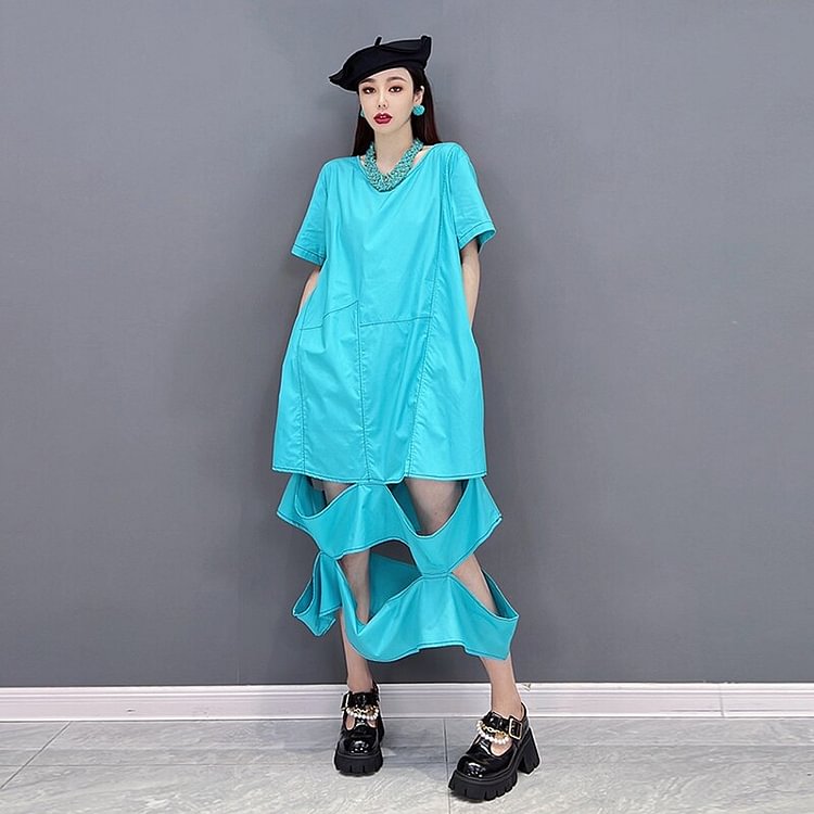 Chic O-Neck Ripped Patchwork Short Sleeve Long Dress