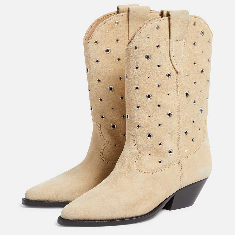 Beige Faux Suede Chunky Heel Mid-Calf Cowgirl Boots with Perforated