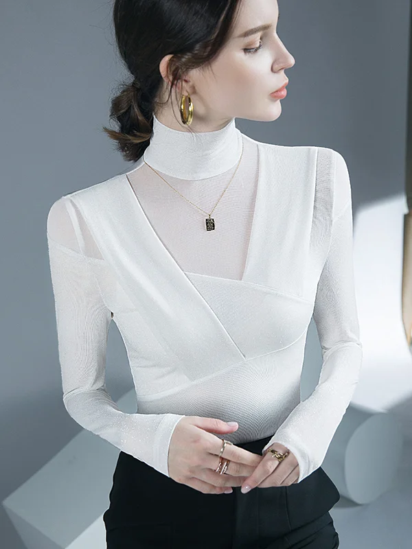 Asymmetric Mesh See-Through Shiny Split-Joint Long Sleeves Skinny Half Turtleneck Blouses&shirts Tops