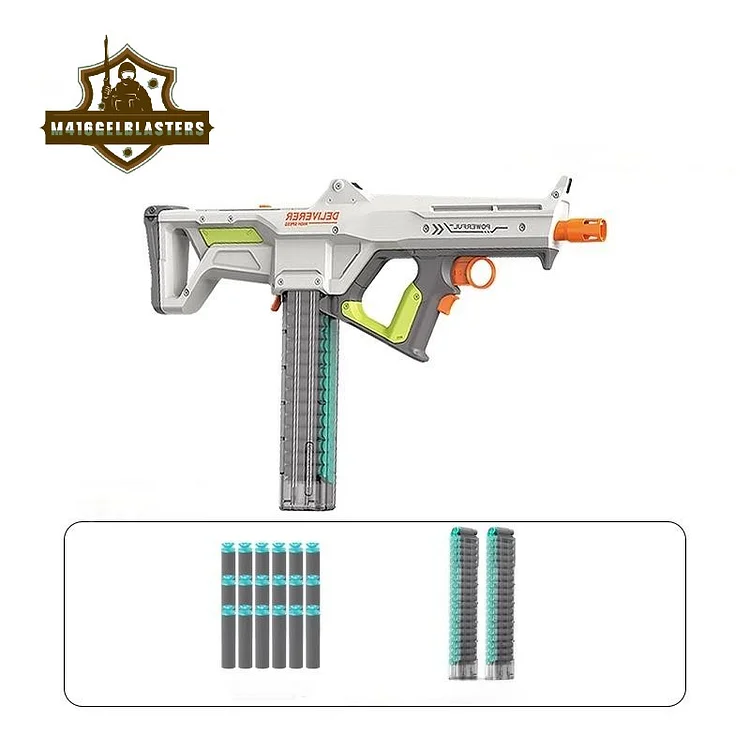 MP85C Electric Soft Bullet Assault Rifle Toy in white and gray with orange muzzle tip, displayed above five green-tipped EVA foam bullets and two transparent 40-round magazines on a white background with M416GELBLASTERS logo.