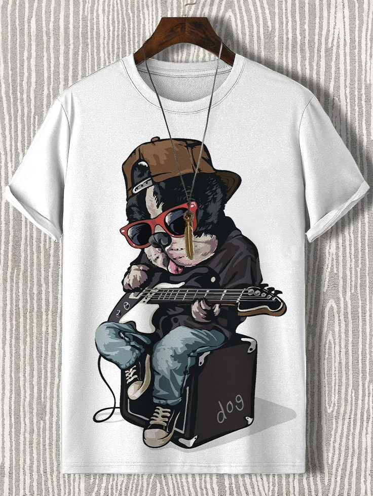 Men's Handsome Dog Playing Guitar Print Casual T-Shirt