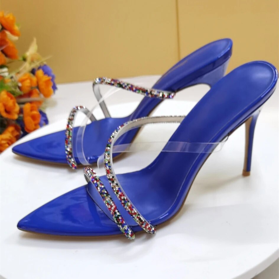 VCSHOES Rhinestone Narrow Band Runway Sandals Women Stiletto Heel Point Toe PVC Transparent High Heel Shoes Woman