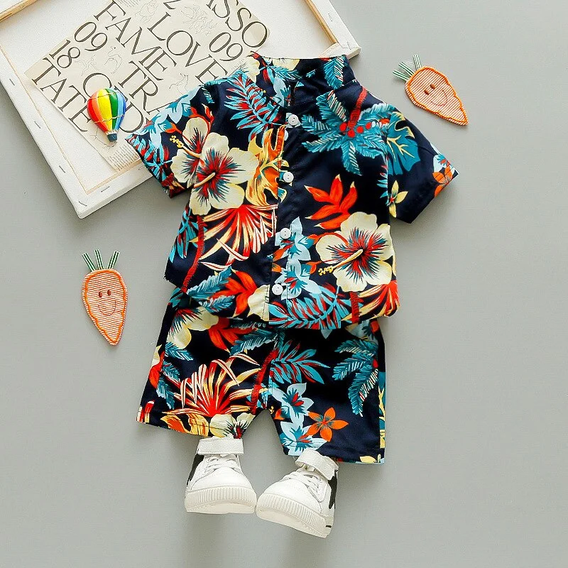 Boys/Girls Short-sleeved Shirt+Shorts Set 2021 Summer New Fashionable and Handsome 1-2-3-4-5 Years Old Kids Beach Vacation Suit