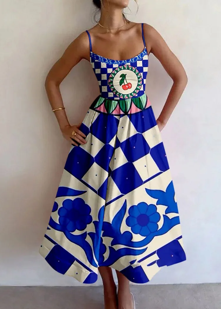Chequered Cherry Printed Halter Dress
