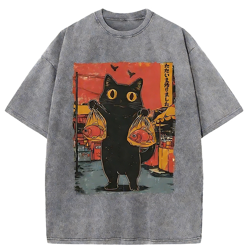 Cat Fishing Japanese Washed T-shirt artswardrobe