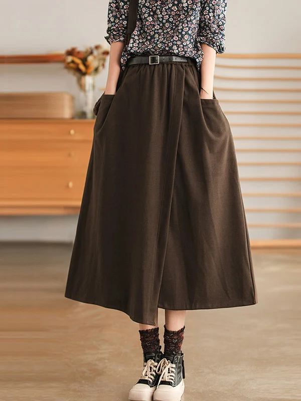 Vintage Asymmetric Pure Color Belted A-Line Skirt