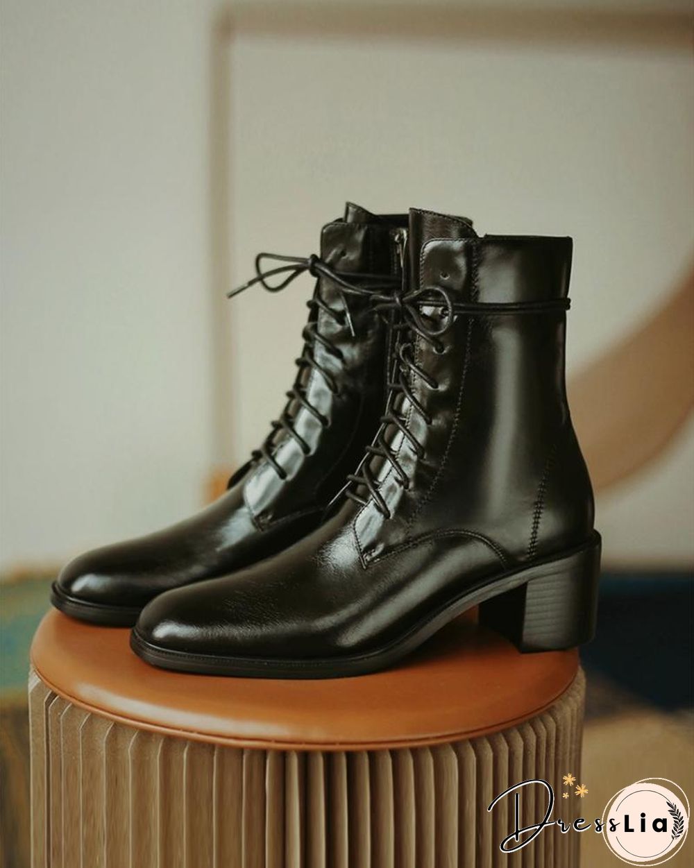 Pointed-toe Solid Color Lace-up Martin Boots