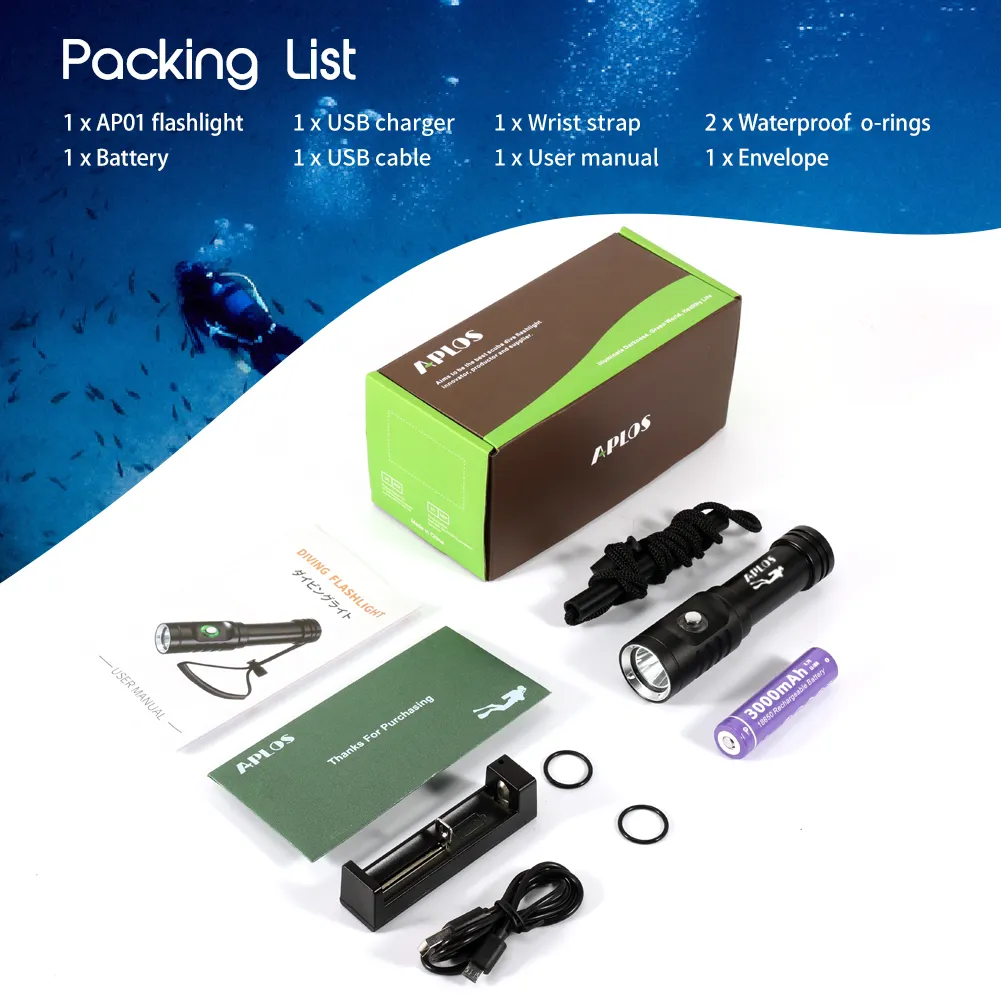 APLOS AP01 1050 Lumen Diving Flashlight, XM-L2 5000k LED Scuba Dive ...