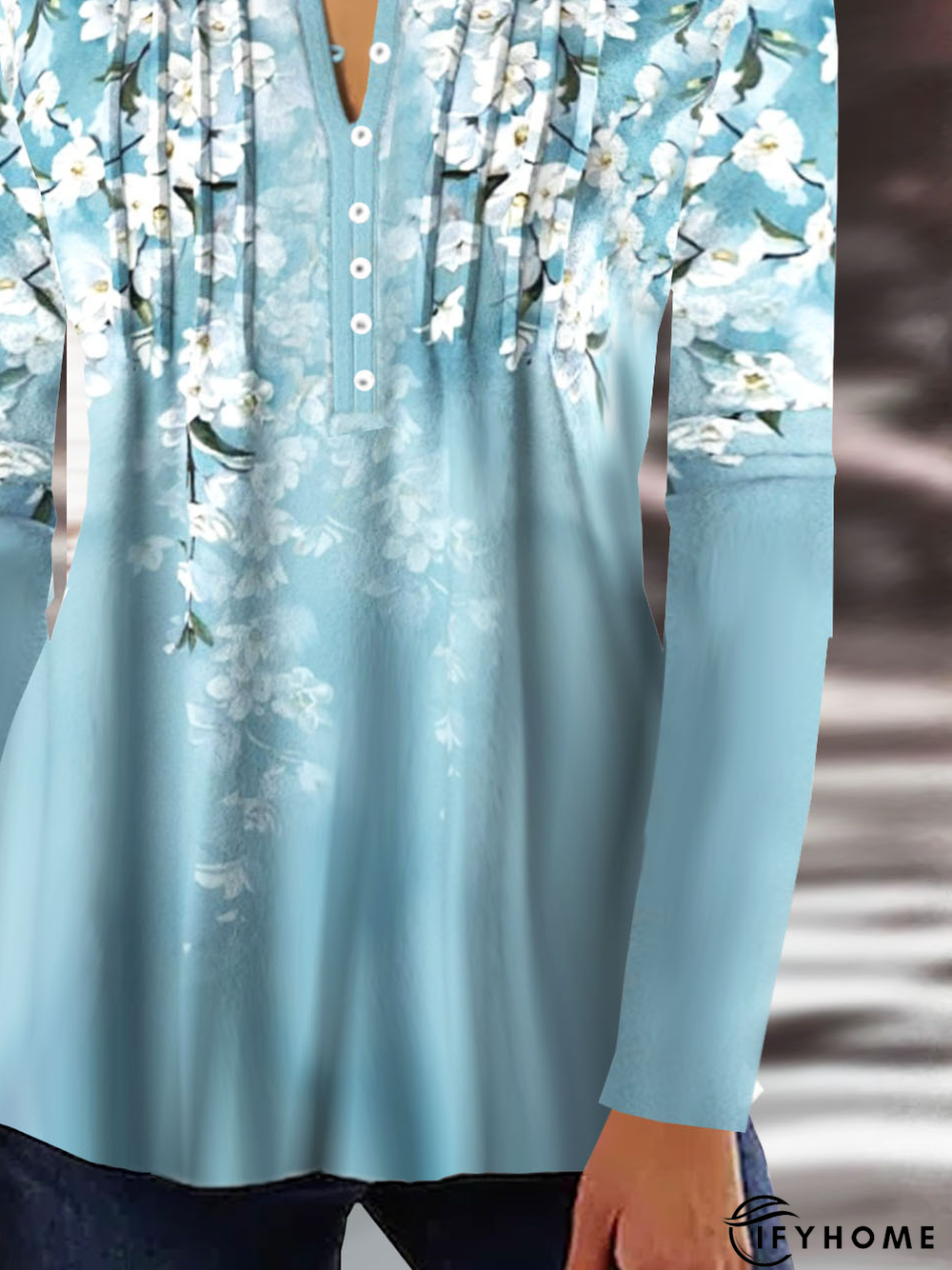 Buckle Casual Floral Printed Notched Tunic Top | IFYHOME