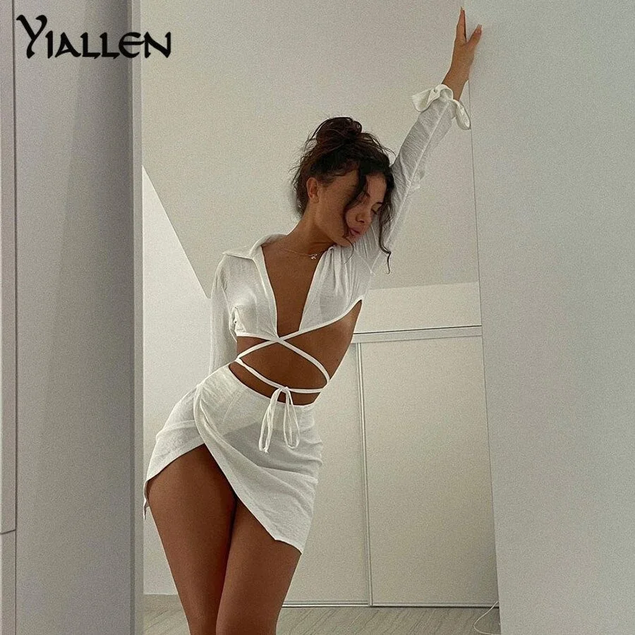 Yiallen Fashion Bandage Two Piece Set Women Skirt Criss Cross Ribbons Shirt Long Sleeve Polo-Neck Top+Loose Side Slit Outit