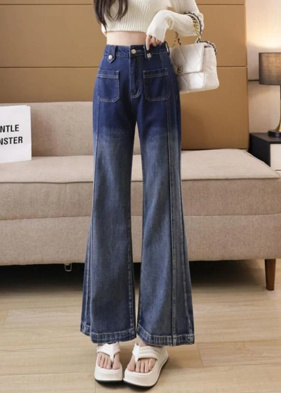 Style Gradient Blue Pockets Patchwork Denim Flared Trousers Spring