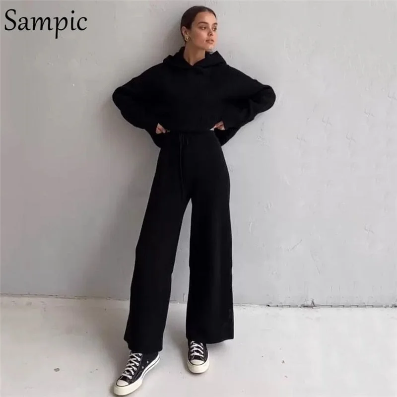 Sampic Sexy Lounge Wear Tracksuit Women Sweater Set Knitted Jumper Tops And Loose Pants Suit Two Piece Set Outwear 2020 Winter