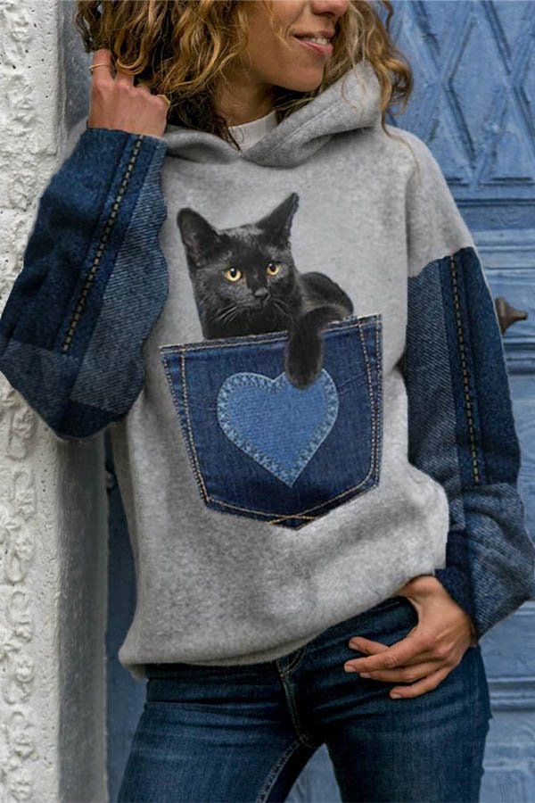 color block cat print sweatshirt